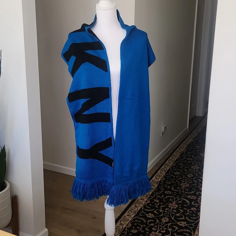 DKNY Womens BOLD Logo Fringe Scarf Wrap Black Blue One Size - Picture 3 of 12